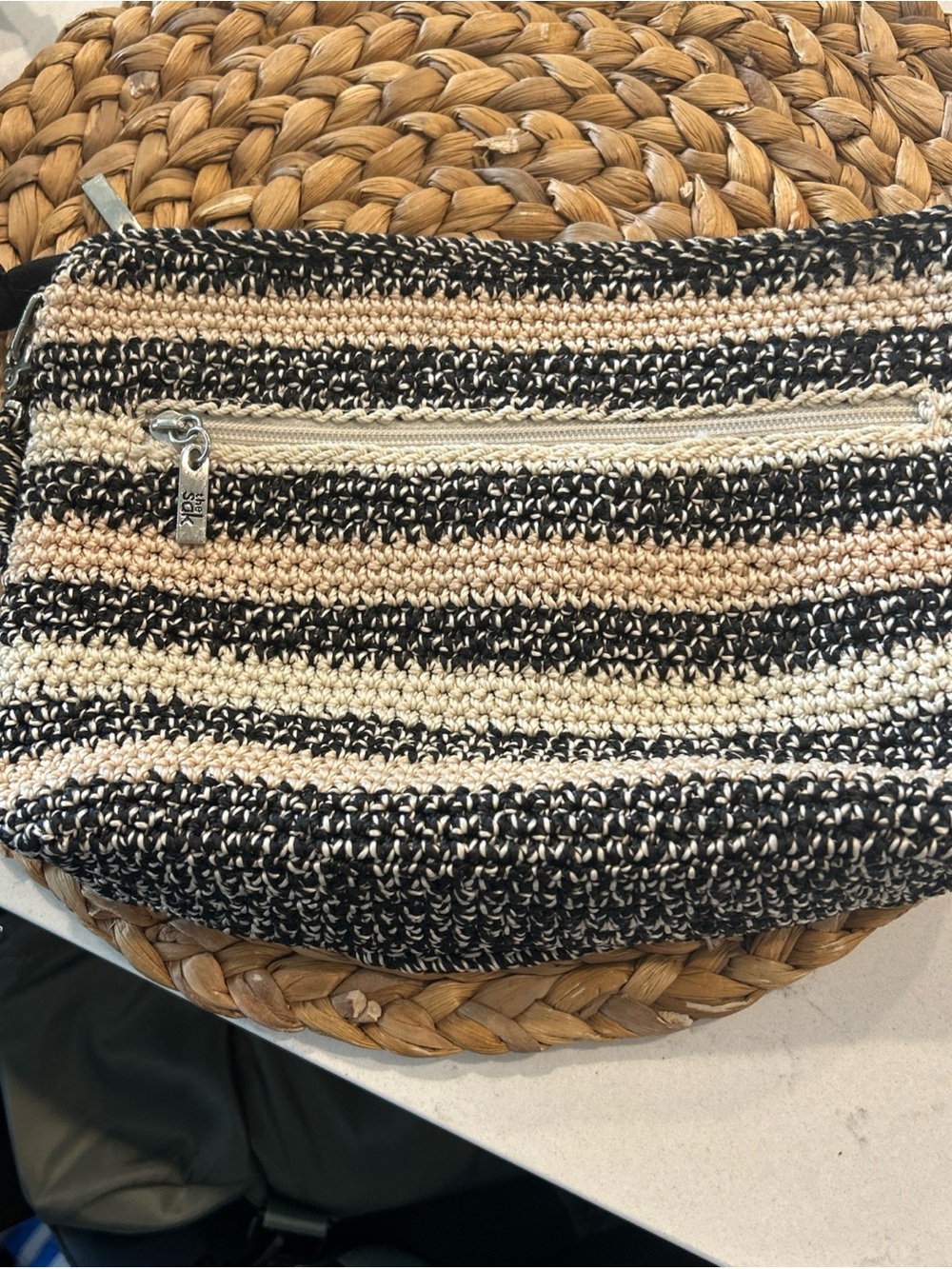 The Sak Striped Crochet Shoulder Bag in Black and Cream